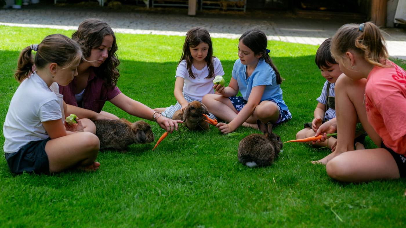 Kinder füttern Kaninchen auf dem Ferienhof Weishäupl