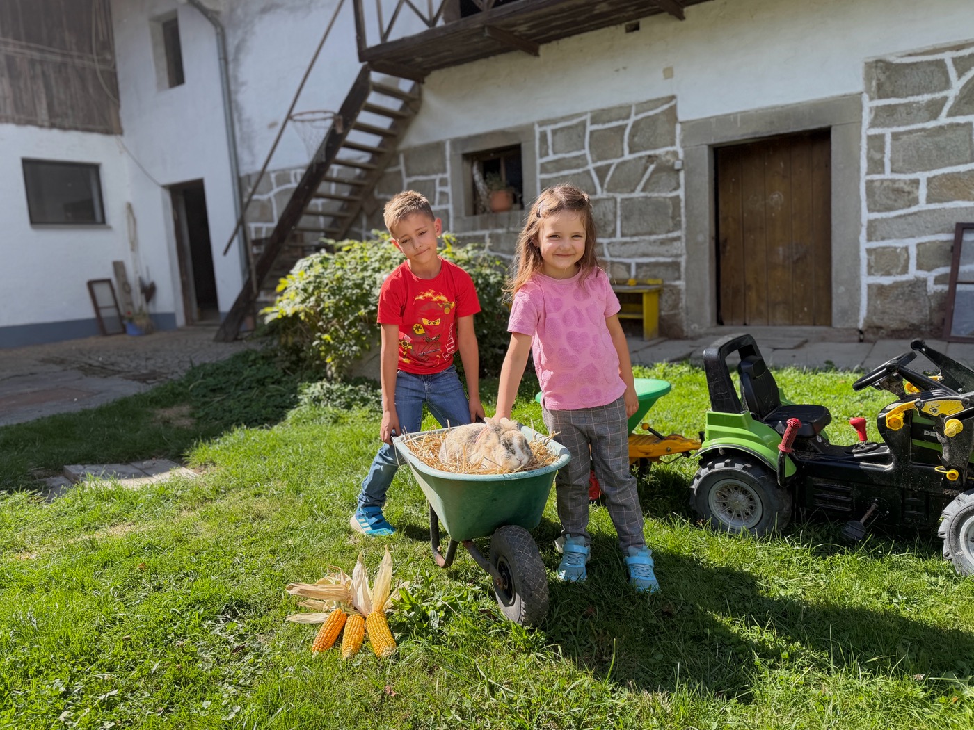 Kinder mit Schubkarre vor dem Hof
